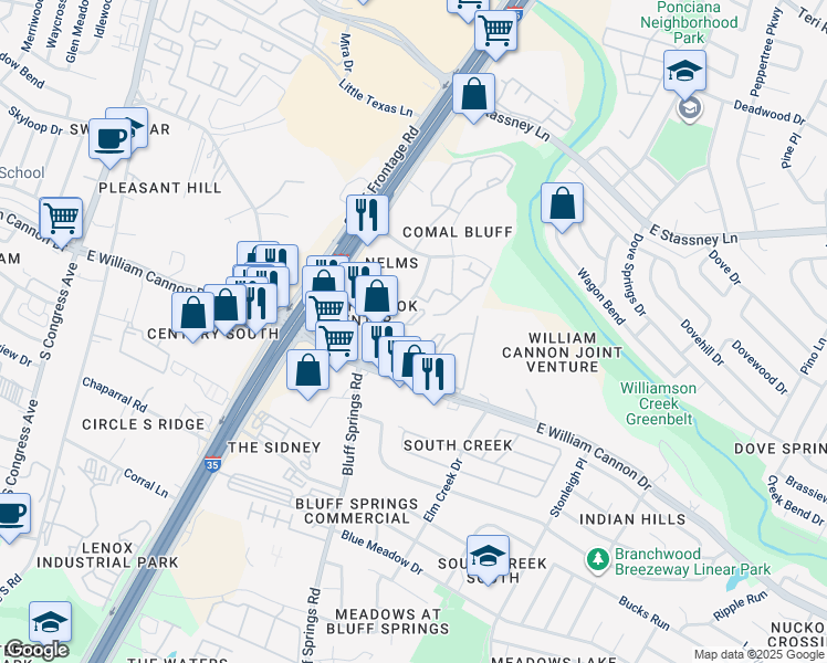 map of restaurants, bars, coffee shops, grocery stores, and more near 6503 Bluff Springs Road in Austin