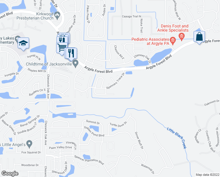 map of restaurants, bars, coffee shops, grocery stores, and more near 8250 Spencers Trace Drive in Jacksonville