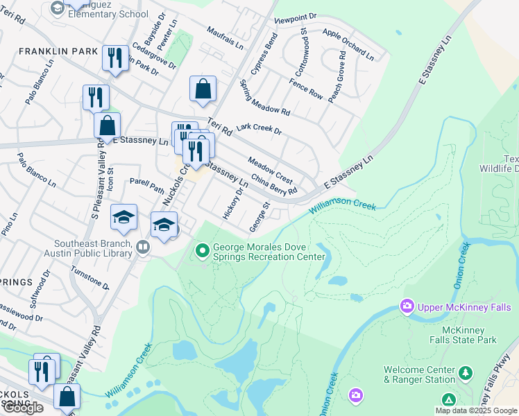 map of restaurants, bars, coffee shops, grocery stores, and more near 5400 Blackjack Cove in Austin