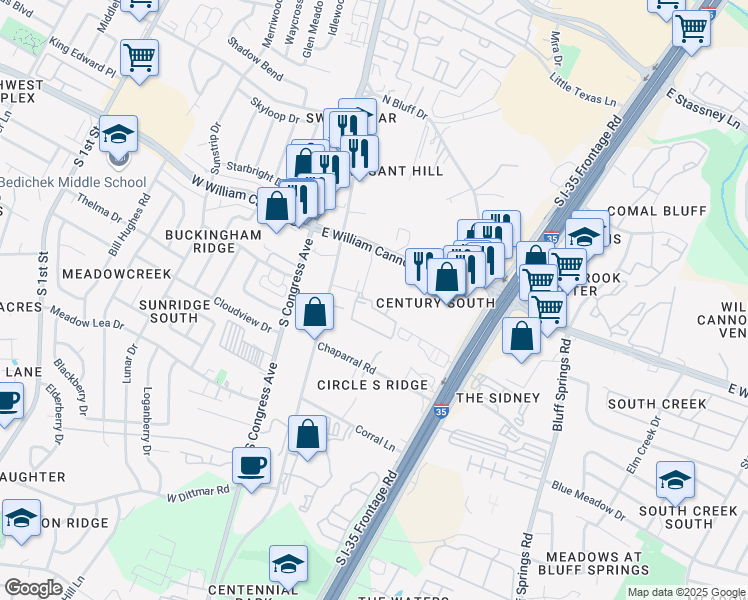 map of restaurants, bars, coffee shops, grocery stores, and more near 409 East William Cannon Drive in Austin