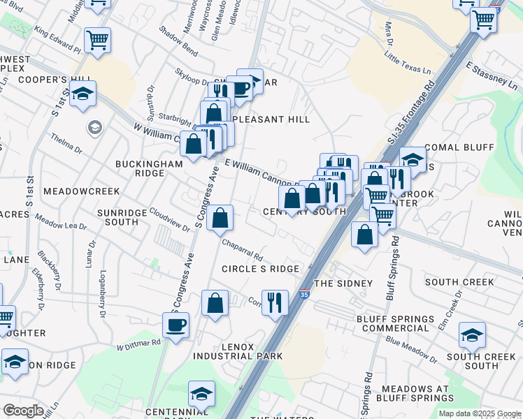 map of restaurants, bars, coffee shops, grocery stores, and more near 409 East William Cannon Drive in Austin
