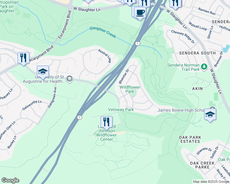 map of restaurants, bars, coffee shops, grocery stores, and more near 10308 Thistle Moss Cove in Austin