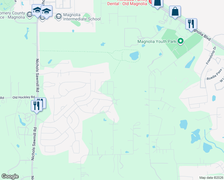 map of restaurants, bars, coffee shops, grocery stores, and more near 30610 Native Oaks Drive in Magnolia