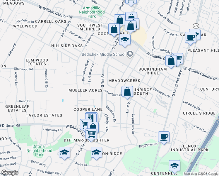 map of restaurants, bars, coffee shops, grocery stores, and more near 7214 Teaberry Drive in Austin