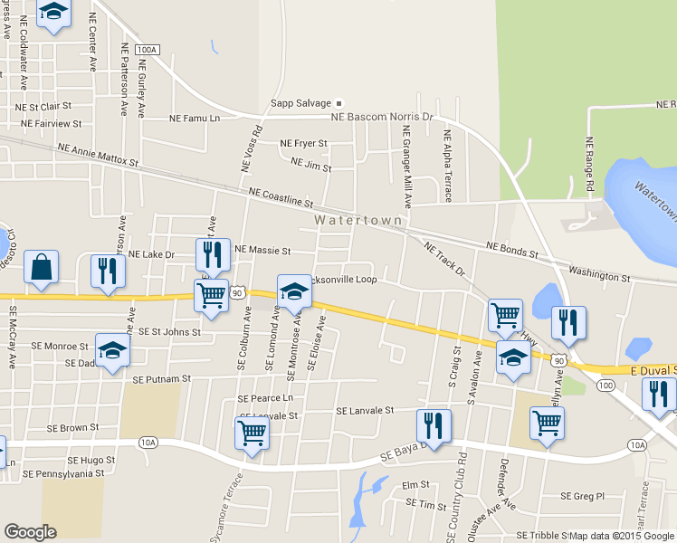 map of restaurants, bars, coffee shops, grocery stores, and more near 281 Northeast Jacksonville Loop in Lake City