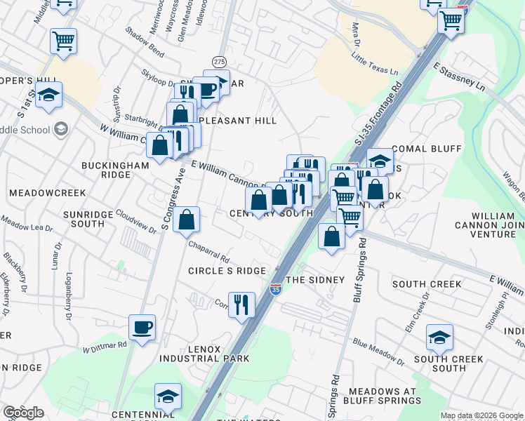 map of restaurants, bars, coffee shops, grocery stores, and more near 801 East William Cannon Drive in Austin