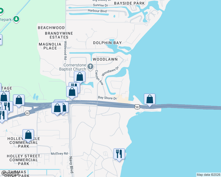 map of restaurants, bars, coffee shops, grocery stores, and more near 407 Bay Shore Drive in Panama City