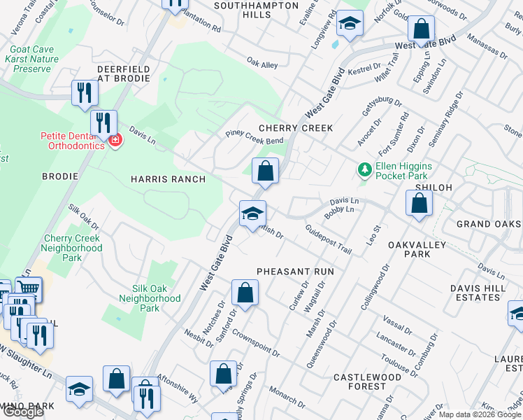 map of restaurants, bars, coffee shops, grocery stores, and more near 8941 Parker Ranch Circle in Austin