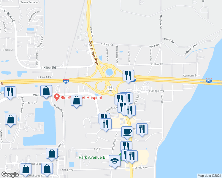 map of restaurants, bars, coffee shops, grocery stores, and more near 20 Park Avenue in Orange Park