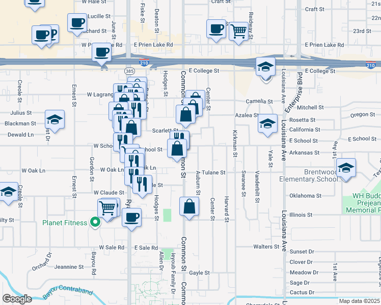 map of restaurants, bars, coffee shops, grocery stores, and more near 624 East School Street in Lake Charles