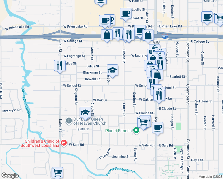 map of restaurants, bars, coffee shops, grocery stores, and more near 317 School Ln in Lake Charles