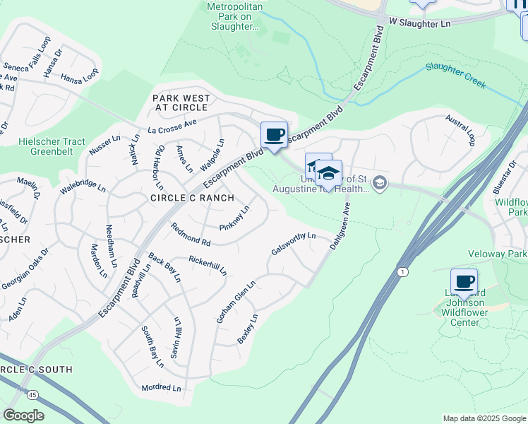 map of restaurants, bars, coffee shops, grocery stores, and more near 10600 Redmond Road in Austin