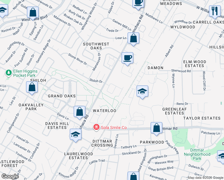 map of restaurants, bars, coffee shops, grocery stores, and more near 8012 Evadean Circle in Austin