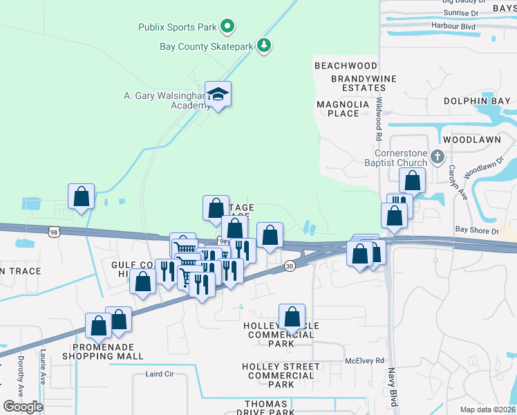 map of restaurants, bars, coffee shops, grocery stores, and more near 110 Heritage Circle in Panama City Beach