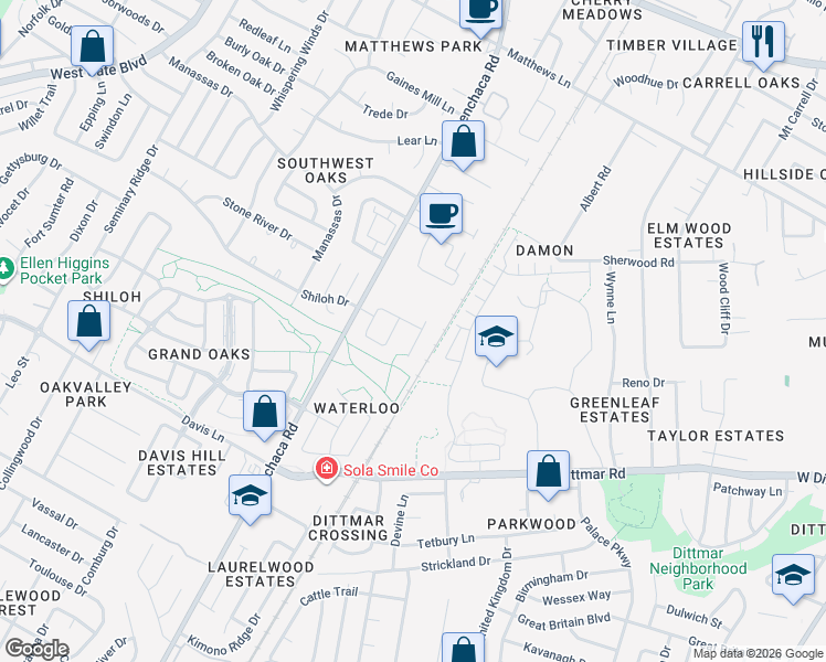 map of restaurants, bars, coffee shops, grocery stores, and more near 8014 Baxter Springs Road in Austin