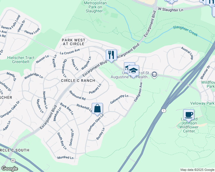 map of restaurants, bars, coffee shops, grocery stores, and more near 10600 Redmond Road in Austin