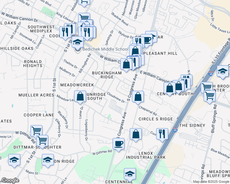 map of restaurants, bars, coffee shops, grocery stores, and more near 117 Meteor Drive in Austin