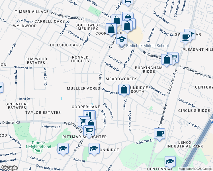 map of restaurants, bars, coffee shops, grocery stores, and more near 7214 Teaberry Drive in Austin