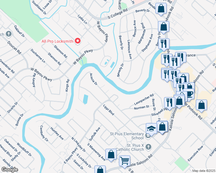 map of restaurants, bars, coffee shops, grocery stores, and more near 107 Fleur De Lis Lane in Lafayette
