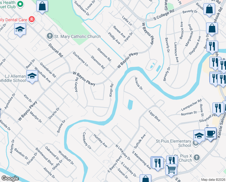 map of restaurants, bars, coffee shops, grocery stores, and more near 211 Kings Road in Lafayette