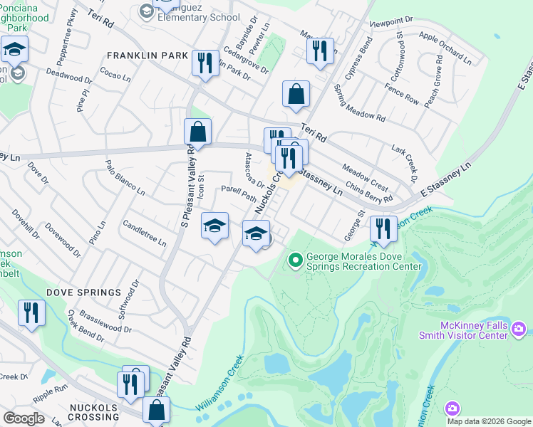 map of restaurants, bars, coffee shops, grocery stores, and more near 5901 Juniper Junction Lane in Austin