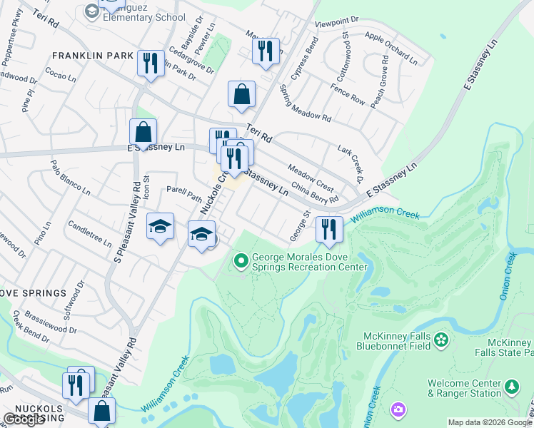 map of restaurants, bars, coffee shops, grocery stores, and more near 5404 Hickory Drive in Austin