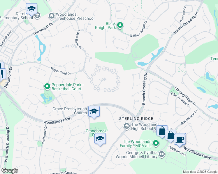 map of restaurants, bars, coffee shops, grocery stores, and more near 31 South Gary Glen Circle in Spring