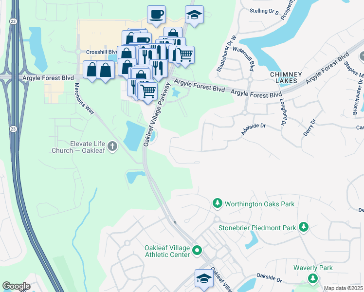 map of restaurants, bars, coffee shops, grocery stores, and more near 9729 Woodstone Mill Dr in Jacksonville
