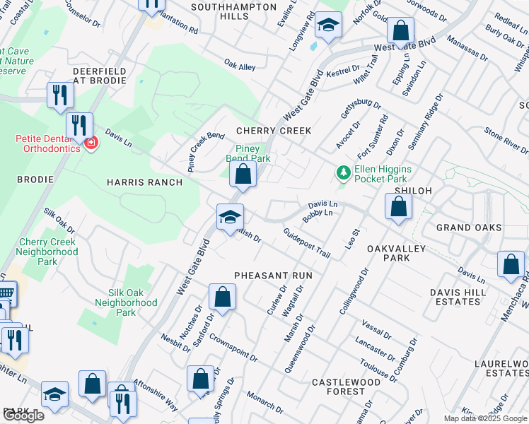 map of restaurants, bars, coffee shops, grocery stores, and more near 2918 Zeke Bend in Austin