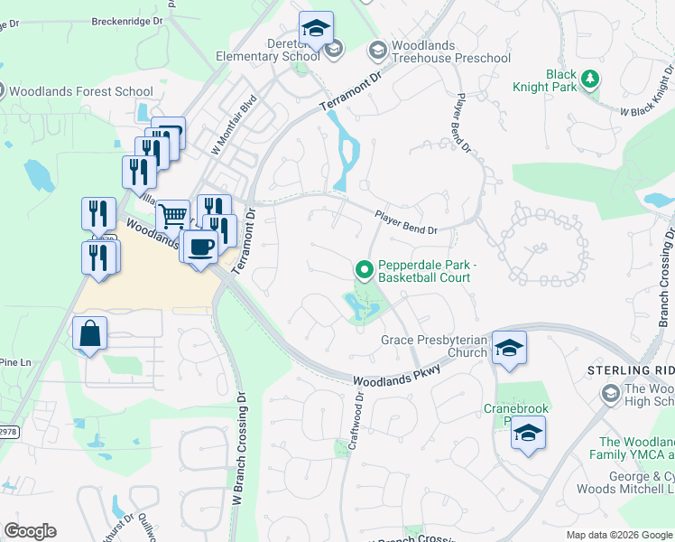 map of restaurants, bars, coffee shops, grocery stores, and more near 14 Strawberry Canyon Place in Spring