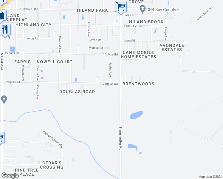 map of restaurants, bars, coffee shops, grocery stores, and more near 3404 Douglas Rd in Panama City