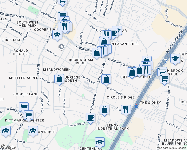 map of restaurants, bars, coffee shops, grocery stores, and more near 104 Meteor Drive in Austin