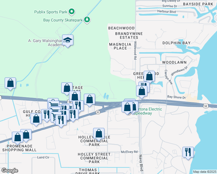 map of restaurants, bars, coffee shops, grocery stores, and more near 1881 Pointe Drive in Panama City Beach