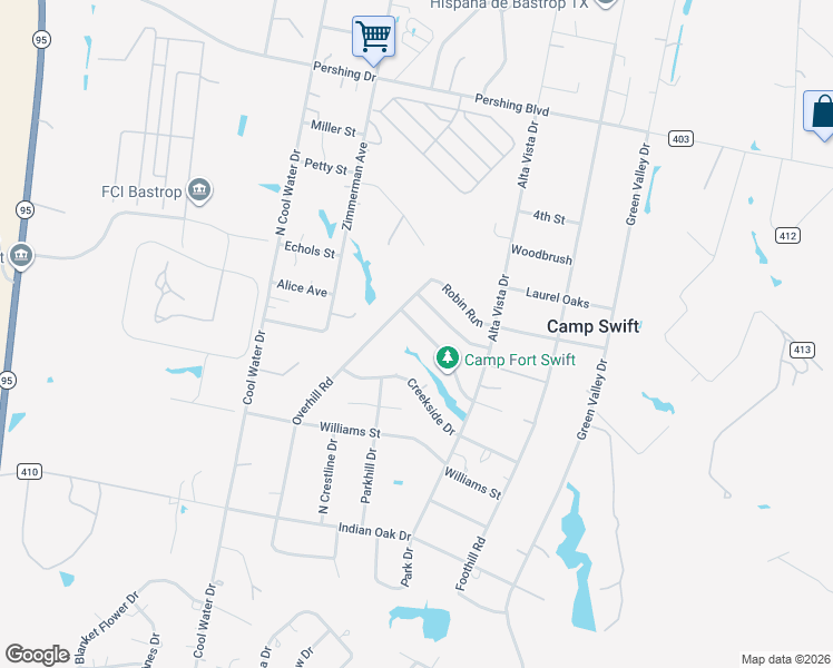 map of restaurants, bars, coffee shops, grocery stores, and more near 115 Meadow Creek Drive in Bastrop