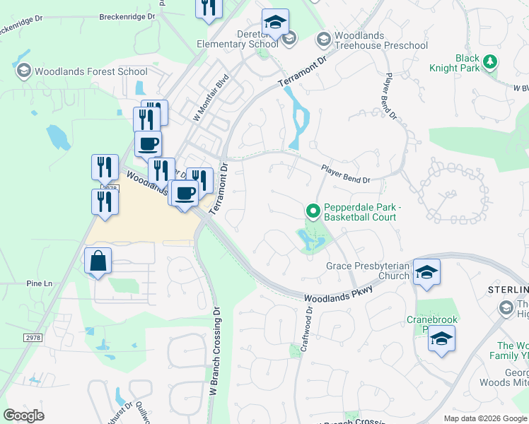 map of restaurants, bars, coffee shops, grocery stores, and more near 39 Strawberry Canyon Place in Spring