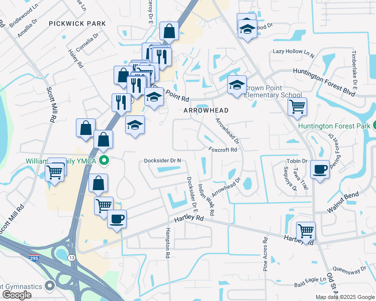 map of restaurants, bars, coffee shops, grocery stores, and more near 5299 Indian Princess Road in Jacksonville