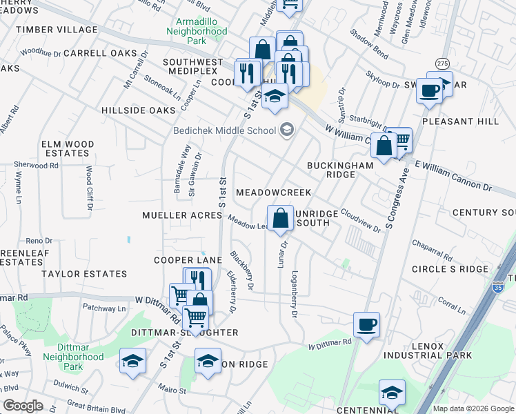 map of restaurants, bars, coffee shops, grocery stores, and more near 7201 Bill Hughes Road in Austin