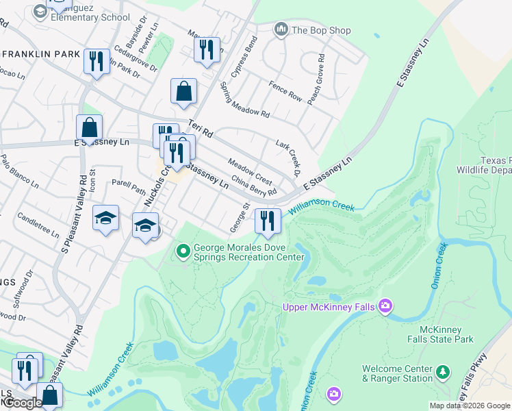 map of restaurants, bars, coffee shops, grocery stores, and more near 5745 East Stassney Lane in Austin