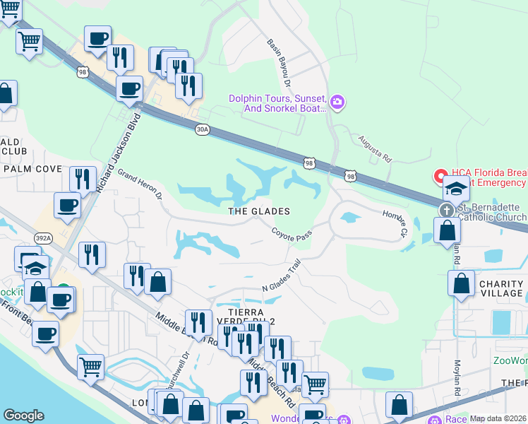 map of restaurants, bars, coffee shops, grocery stores, and more near 164 Grand Heron Drive in Panama City Beach