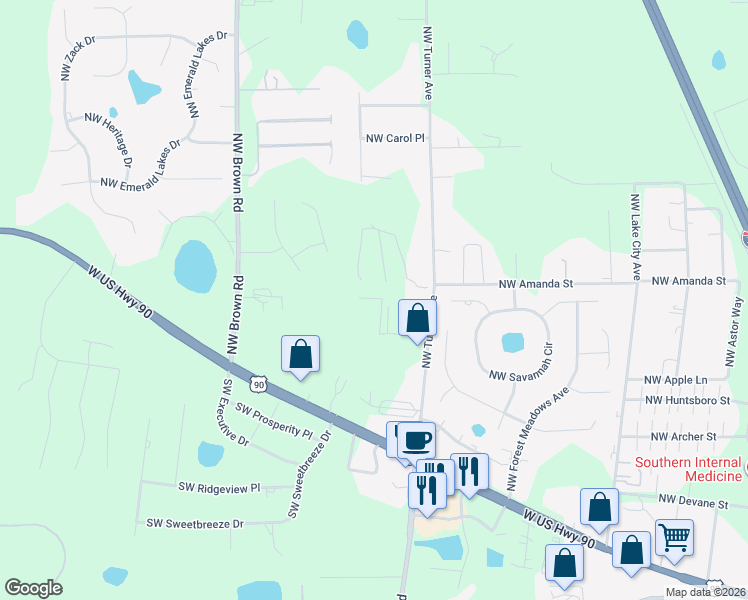 map of restaurants, bars, coffee shops, grocery stores, and more near 373 Northwest Wisteria Drive in Lake City
