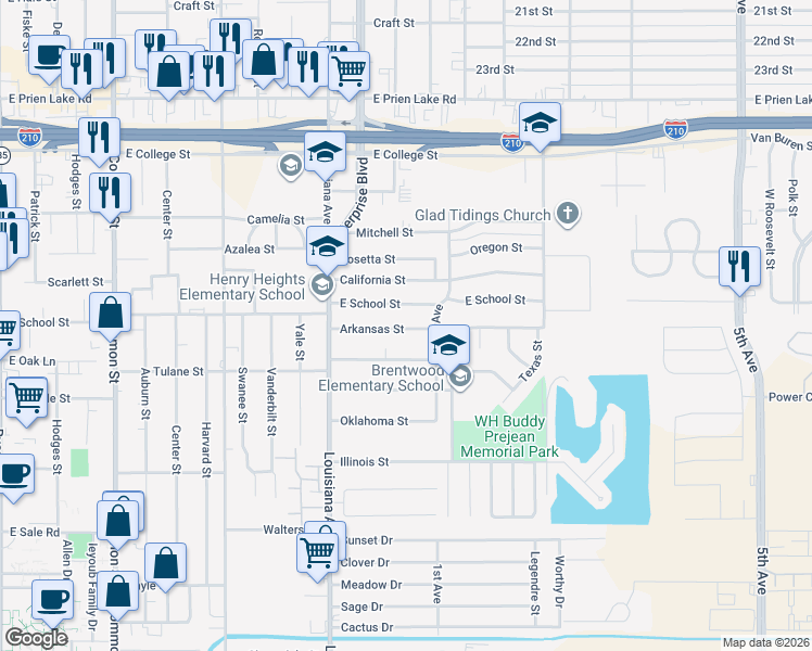 map of restaurants, bars, coffee shops, grocery stores, and more near 1305 Arkansas Street in Lake Charles