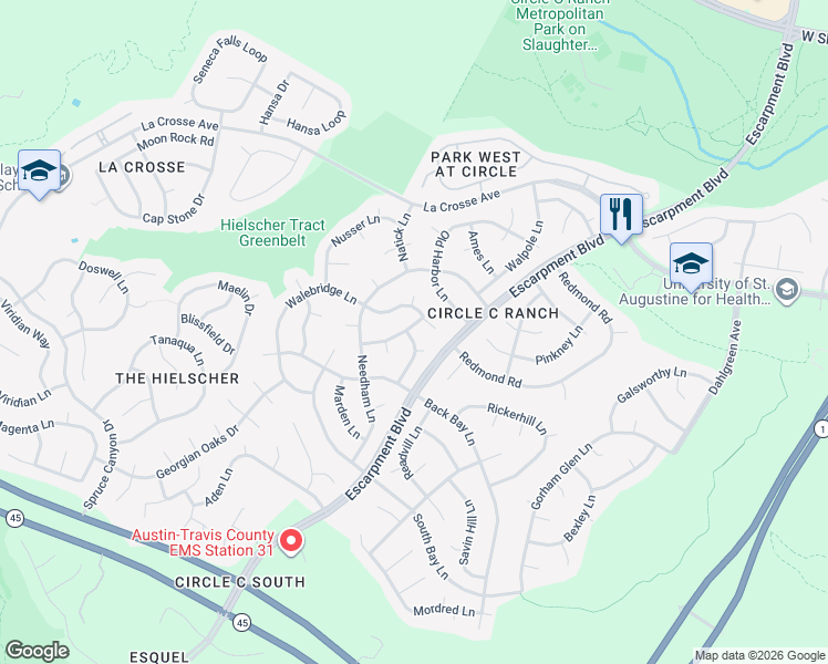 map of restaurants, bars, coffee shops, grocery stores, and more near 10801 Redgate Lane in Austin