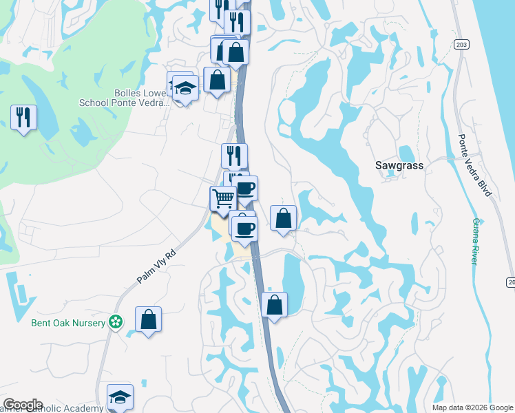 map of restaurants, bars, coffee shops, grocery stores, and more near 129 Willow Pond Lane in Ponte Vedra Beach