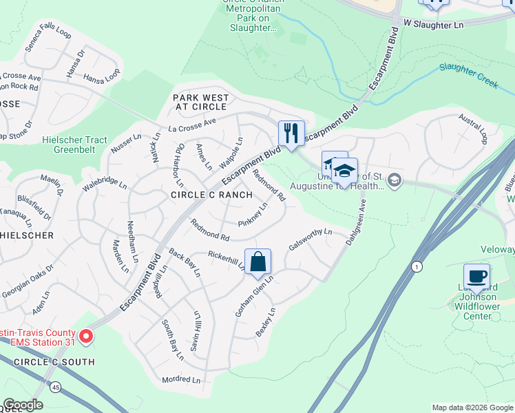 map of restaurants, bars, coffee shops, grocery stores, and more near 10614 Pinkney Lane in Austin
