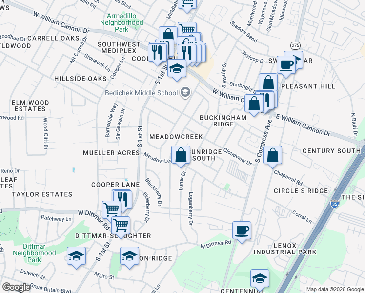 map of restaurants, bars, coffee shops, grocery stores, and more near 7108 Tawny Circle in Austin