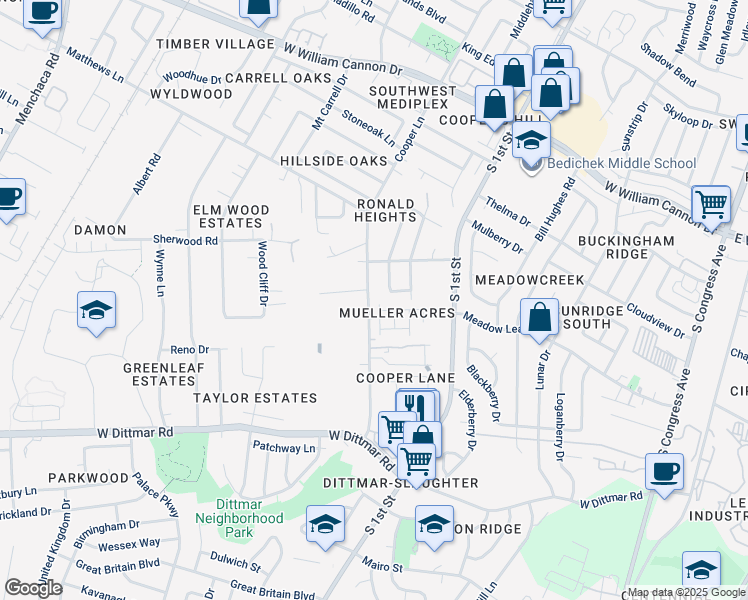 map of restaurants, bars, coffee shops, grocery stores, and more near 7403 Cooper Lane in Austin