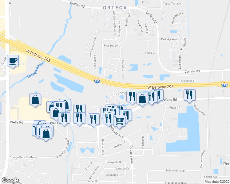 map of restaurants, bars, coffee shops, grocery stores, and more near 47 Finch Court in Orange Park