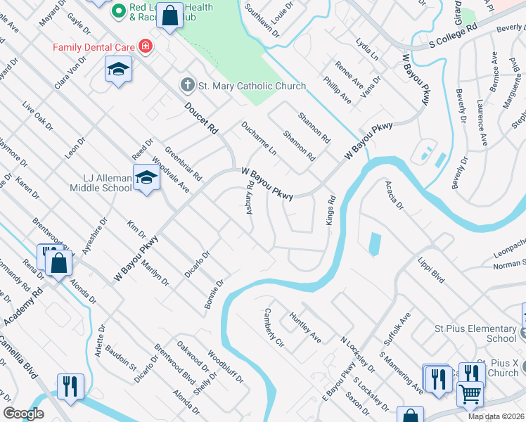 map of restaurants, bars, coffee shops, grocery stores, and more near 108 Canterbury Road in Lafayette