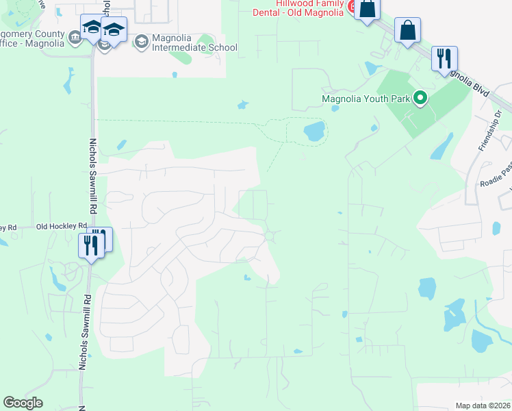 map of restaurants, bars, coffee shops, grocery stores, and more near 30610 Native Oaks Drive in Magnolia