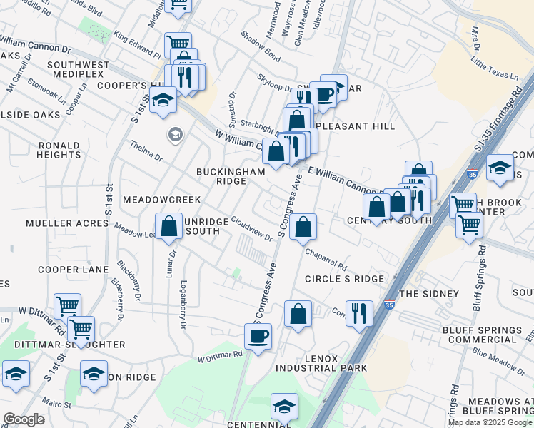 map of restaurants, bars, coffee shops, grocery stores, and more near 104 Meteor Drive in Austin